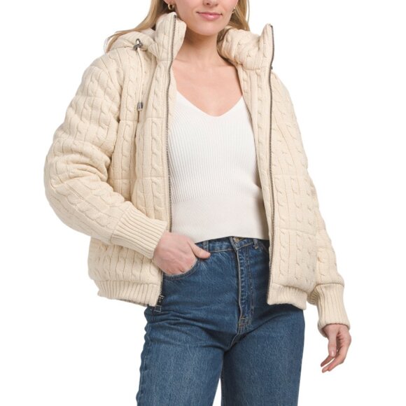 BCBGMAXAZRIA Cream Missy Cable Knit Puffer Jacket - Picture 1 of 2